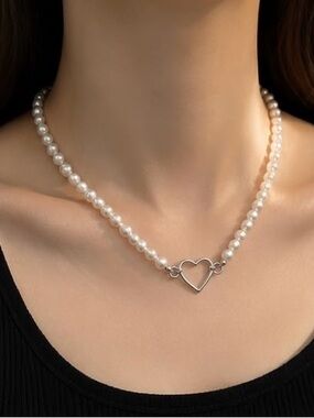 Anthropologie White Pearl Necklace with Silver Heart Loop
